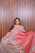 Chanderi Saree SLM-CHN-0015 - Coral red with a floral printed pallu - front view