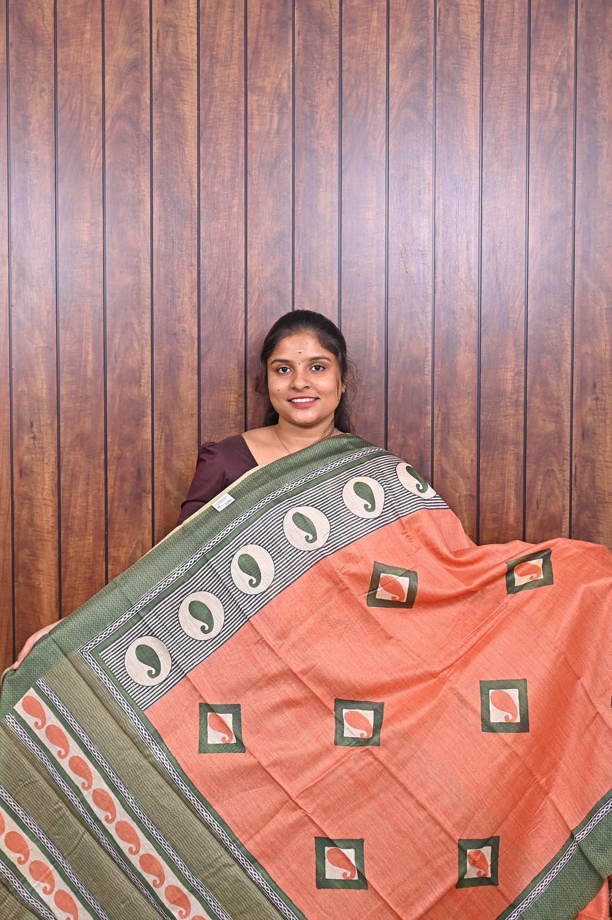 Chanderi Saree SLM-CHN-0018 - Orange with square motifs and a green paisley border - front view