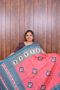 Chanderi Saree SLM-CHN-0019 - Coral pink with square motifs and a blue paisley border - front view