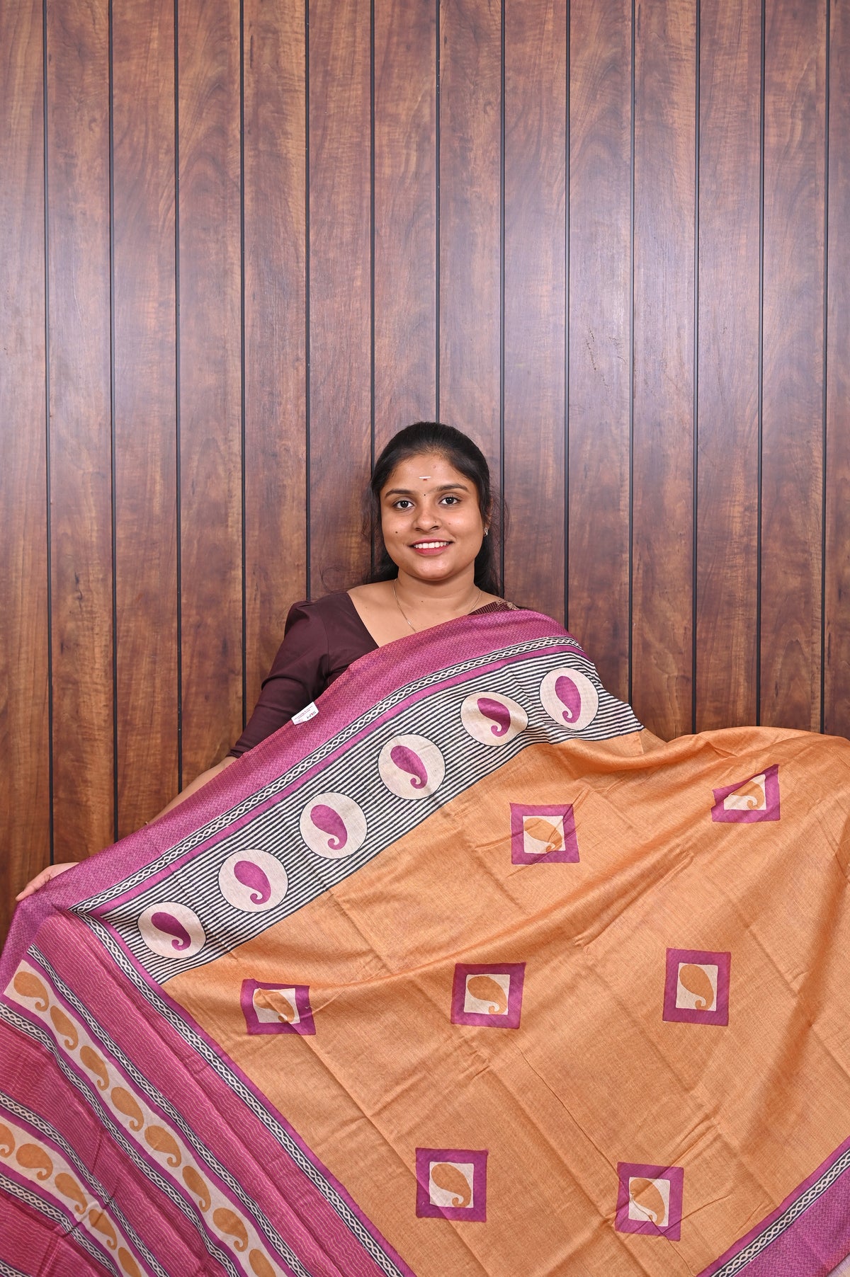 Chanderi Saree SLM-CHN-0021 - Orange with square motifs and a magenta paisley border - front view