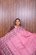 Chanderi Saree SLM-CHN-0022 - Pink with a maroon printed border - front view