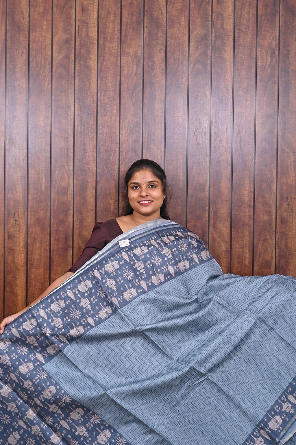 Chanderi Saree SLM-CHN-0023 - Grey-blue with a slate printed border - front view