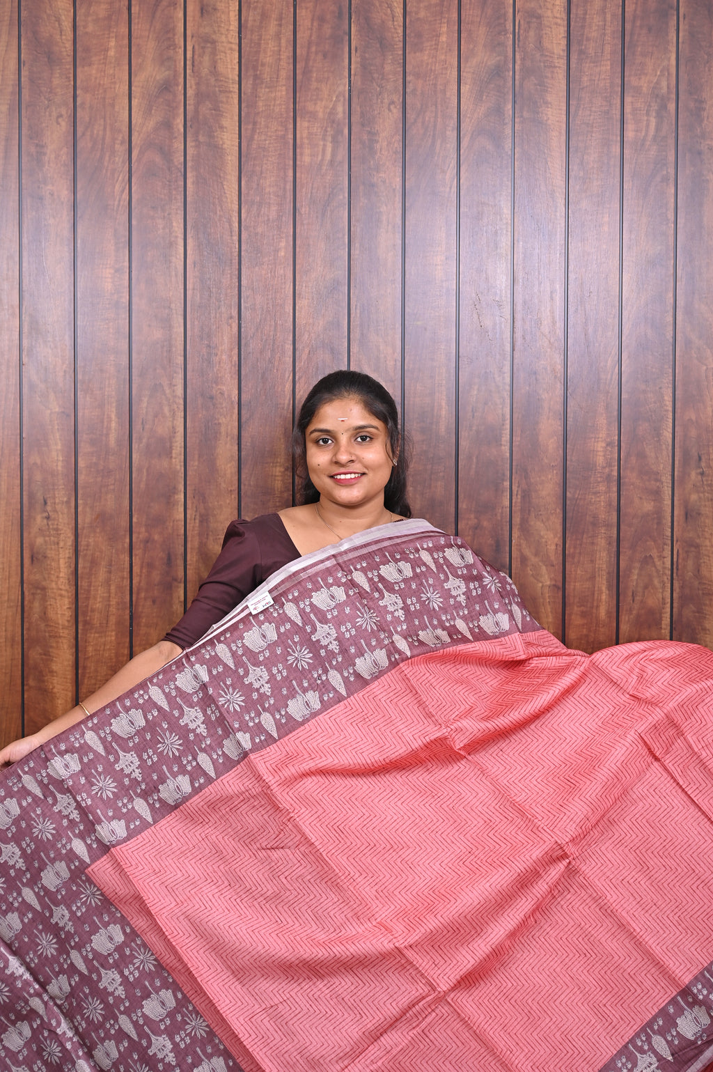 Chanderi Saree SLM-CHN-0024 - Coral with a maroon printed border - front view
