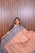 Chanderi Saree SLM-CHN-0025 - Peach with a grey printed border - front view