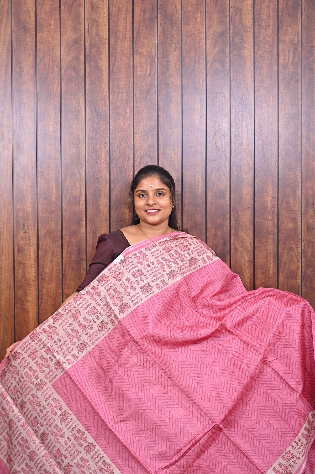 Chanderi Saree SLM-CHN-0027 - Pink with a light pink printed border - front view