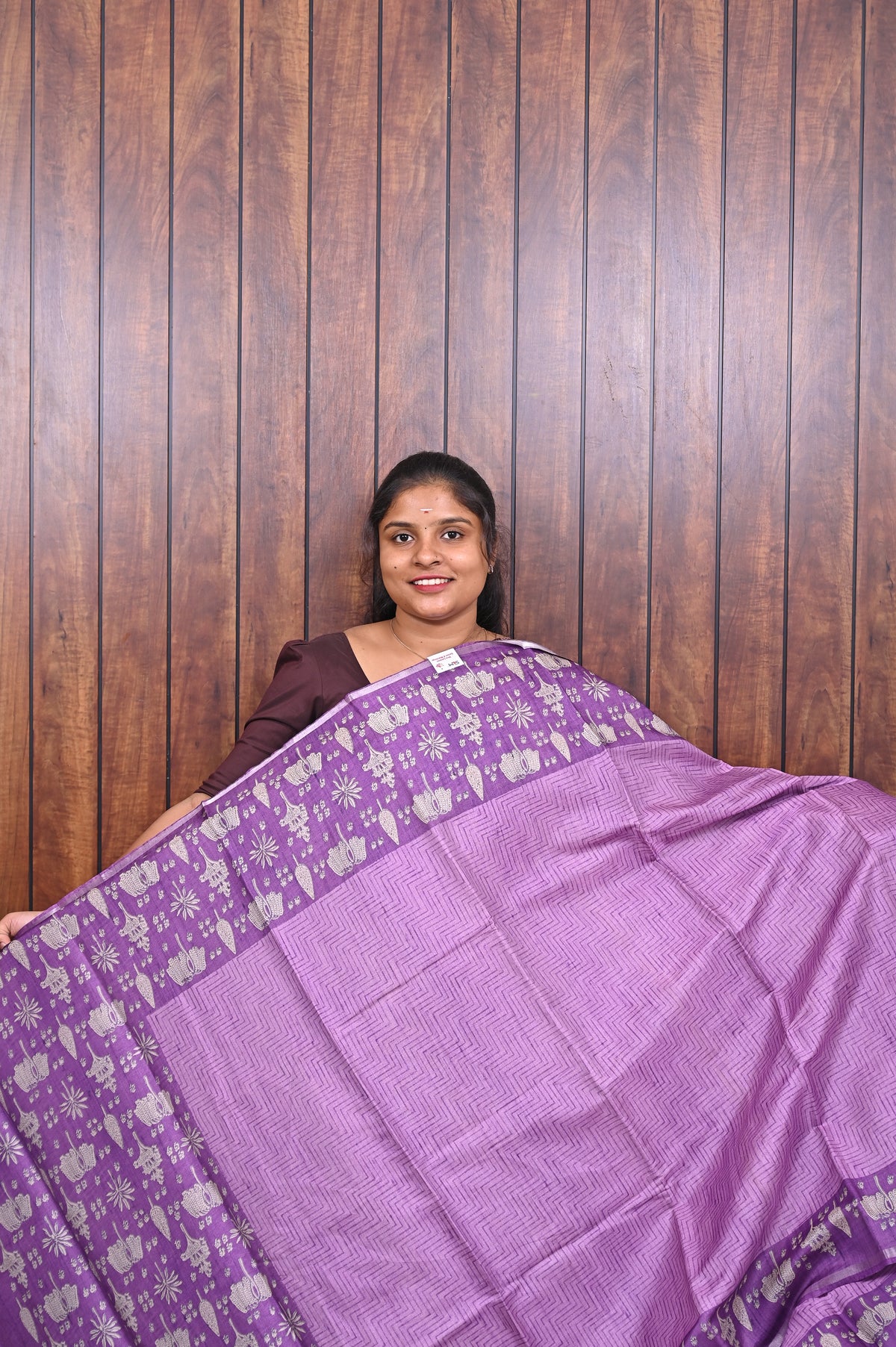 Chanderi Saree SLM-CHN-0028 - Purple with a printed border - front view