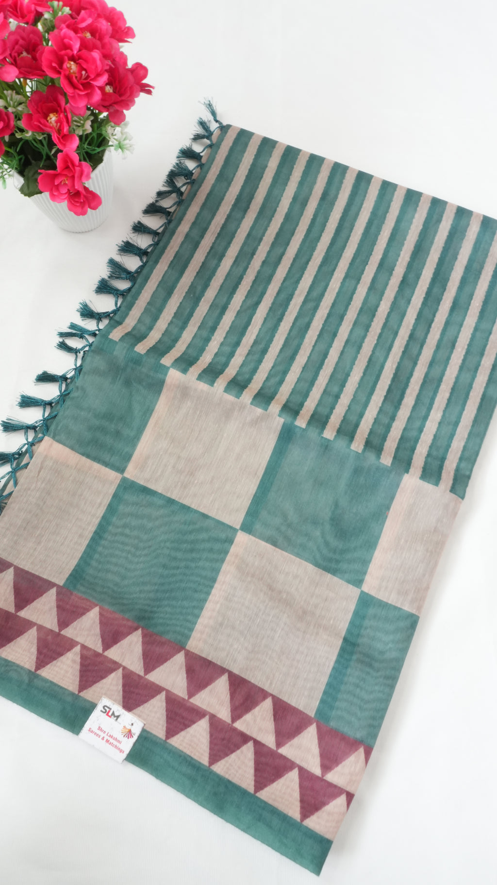 Chanderi Saree SLM-CHN-0031 - Teal green and beige stripes and checks with a temple border - front view