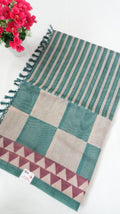 Chanderi Saree SLM-CHN-0031 - Teal green and beige stripes and checks with a temple border - front view