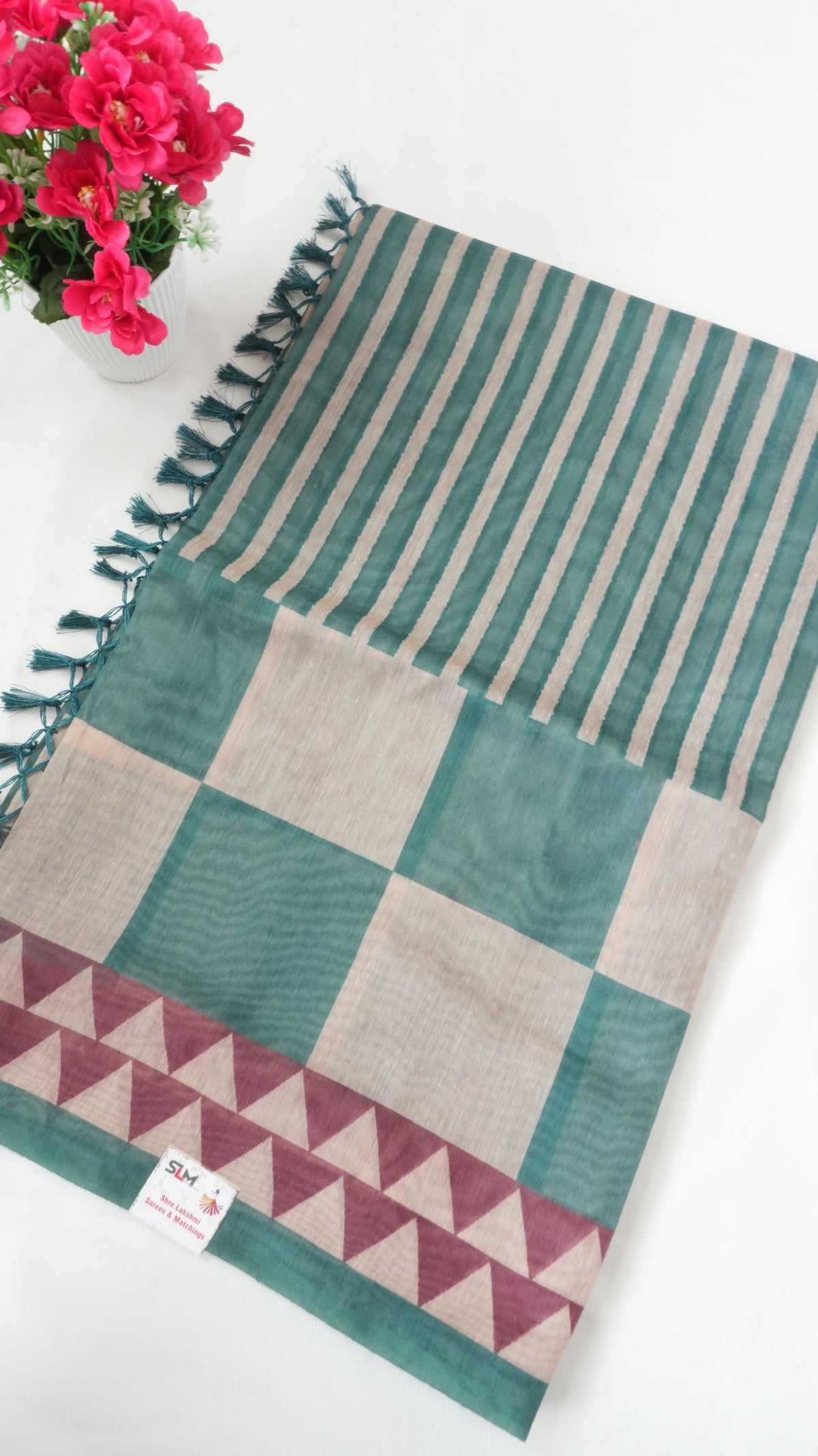 Chanderi Saree SLM-CHN-0031 - Teal green and beige stripes and checks with a temple border - front view