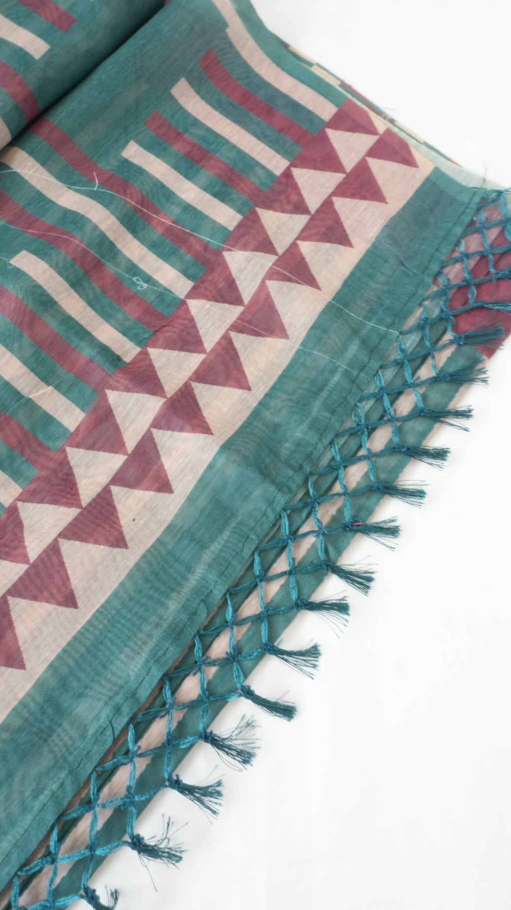 Chanderi Saree SLM-CHN-0031 - Teal green and beige stripes and checks with a temple border - second view