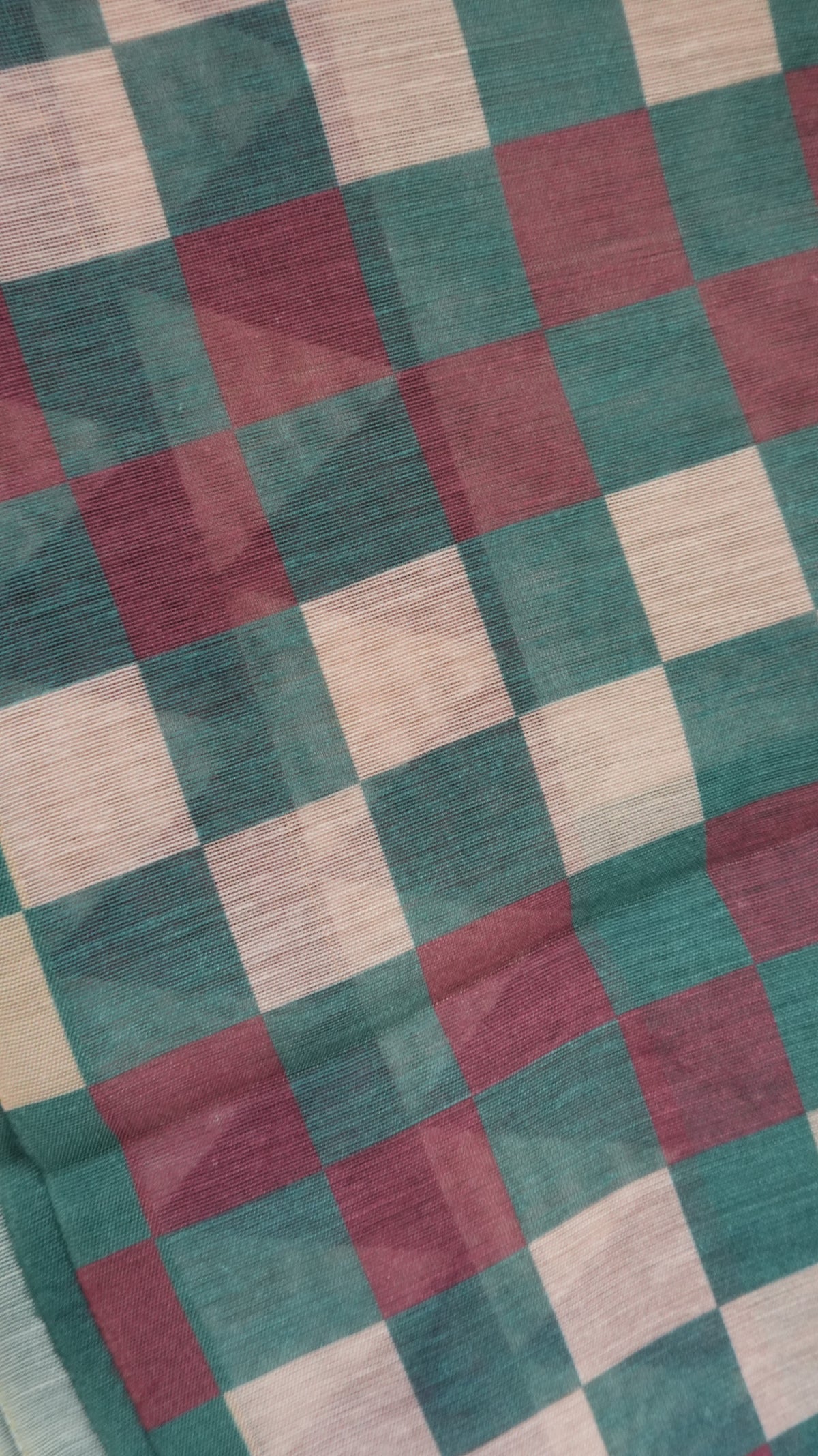 Chanderi Saree SLM-CHN-0031 - Teal green and beige stripes and checks with a temple border - detail view