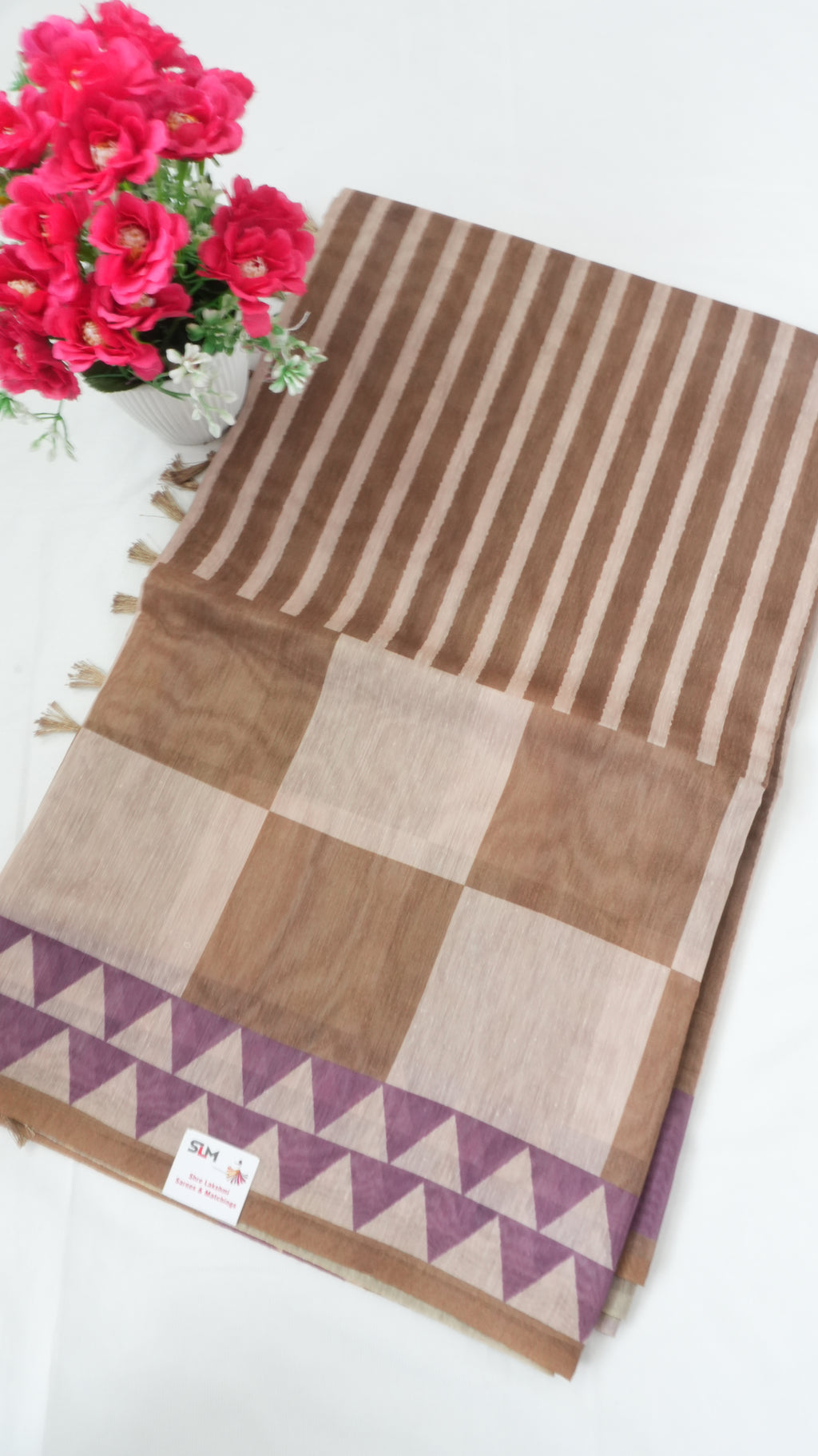 Chanderi Saree SLM-CHN-0032 - Brown and beige stripes and checks with a temple border - front view