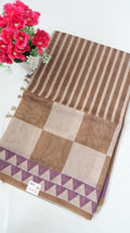 Chanderi Saree SLM-CHN-0032 - Brown and beige stripes and checks with a temple border - front view