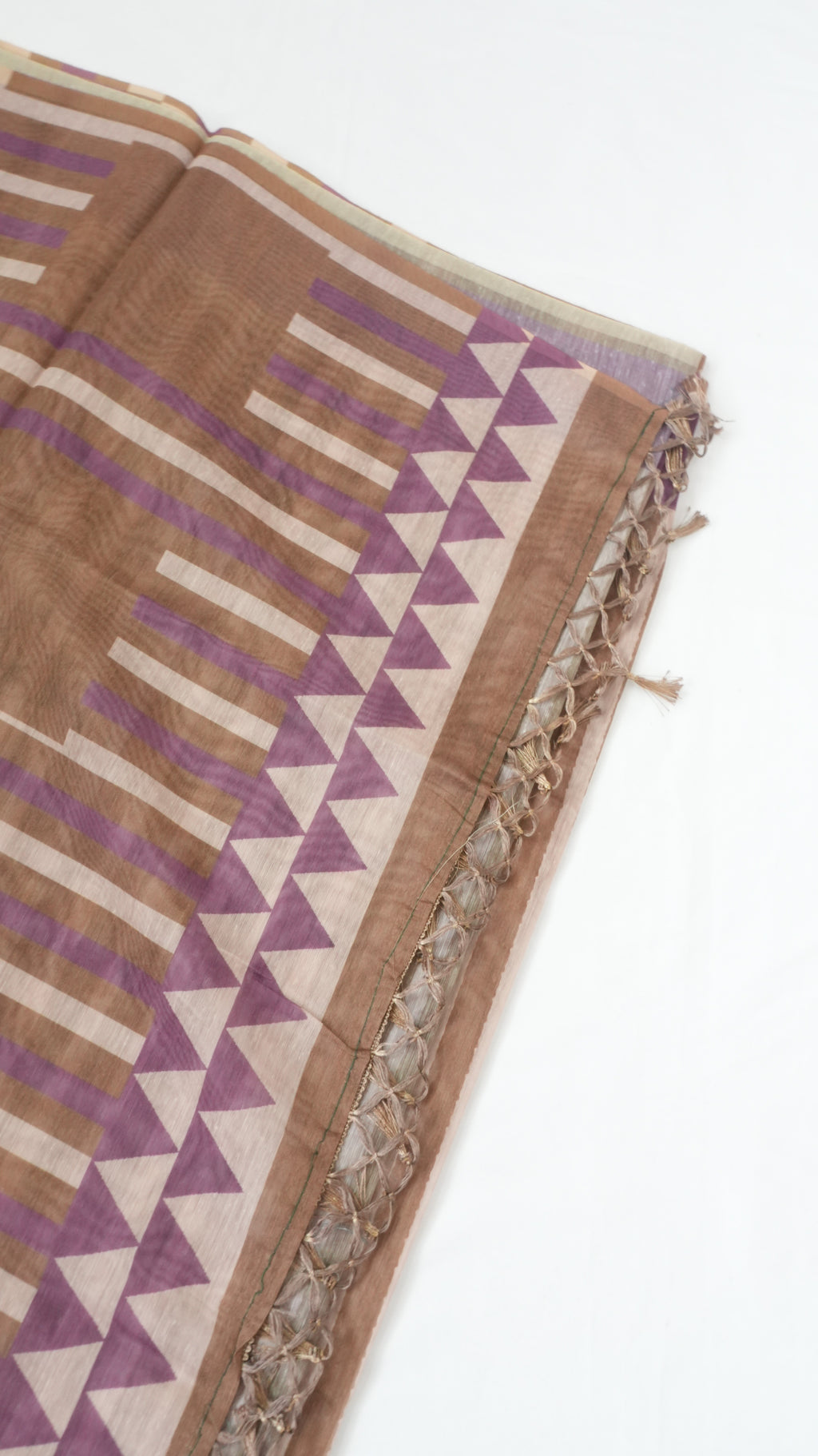 Chanderi Saree SLM-CHN-0032 - Brown and beige stripes and checks with a temple border - second view