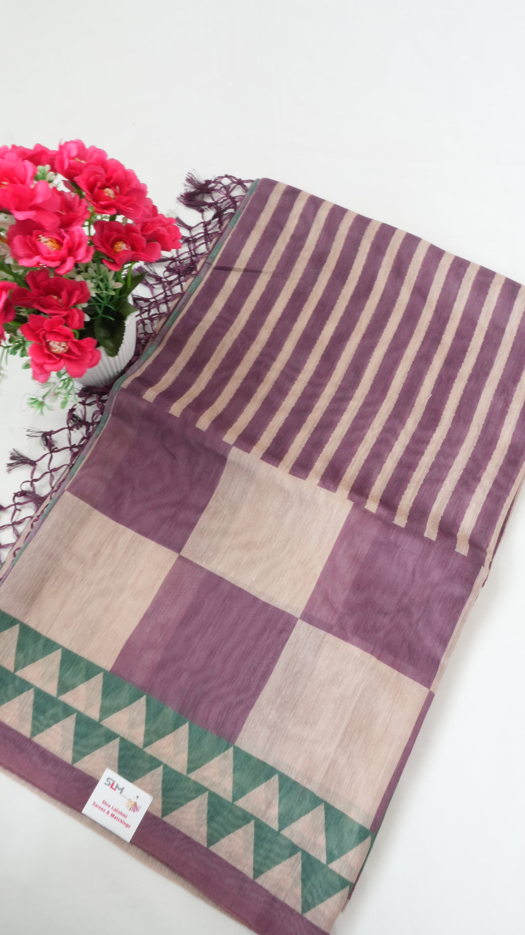 Chanderi Saree SLM-CHN-0033 - Purple and beige stripes and checks with a temple border - front view
