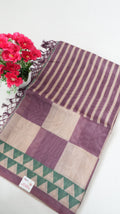 Chanderi Saree SLM-CHN-0033 - Purple and beige stripes and checks with a temple border - front view