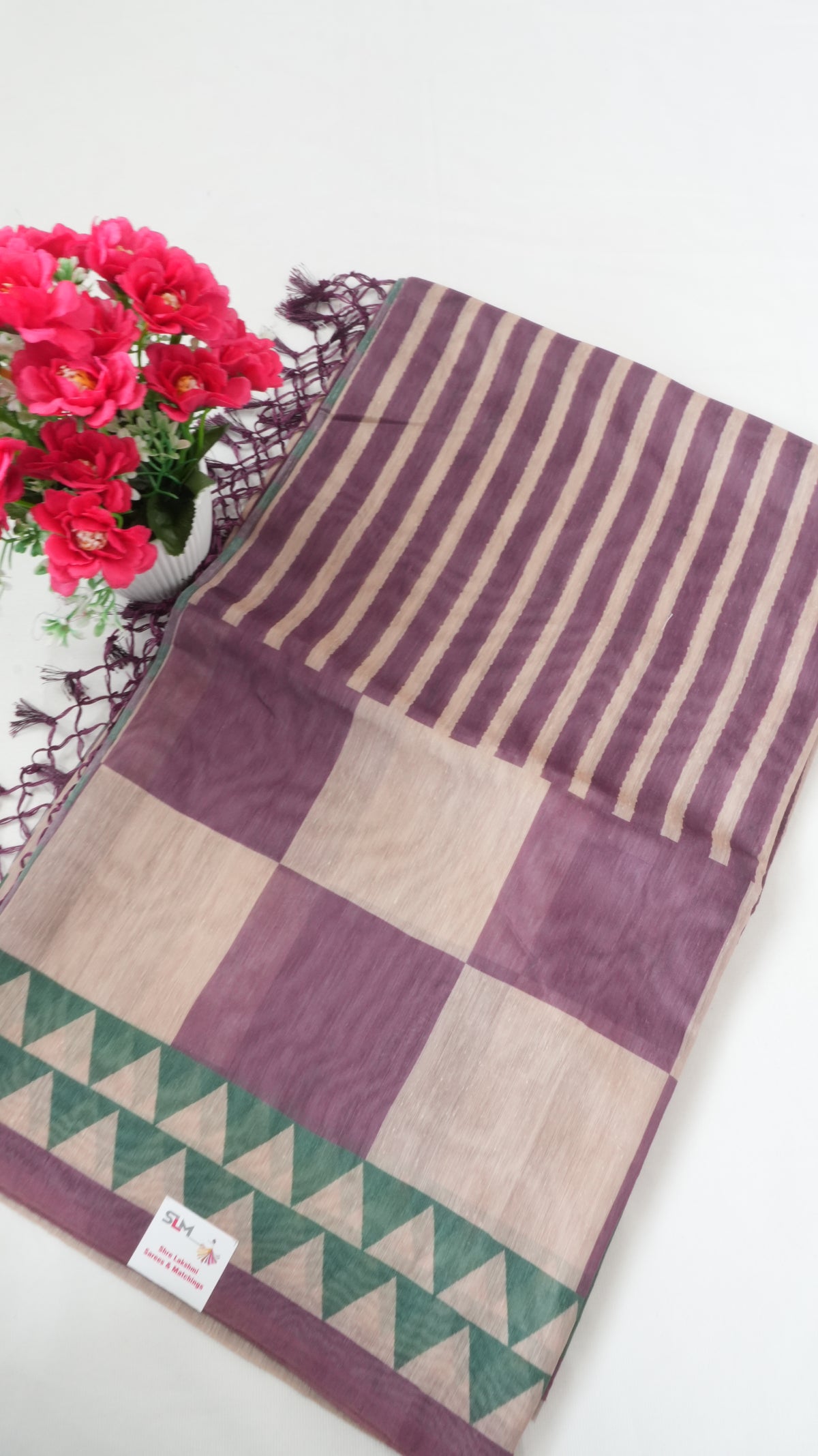 Chanderi Saree SLM-CHN-0033 - Purple and beige stripes and checks with a temple border - front view