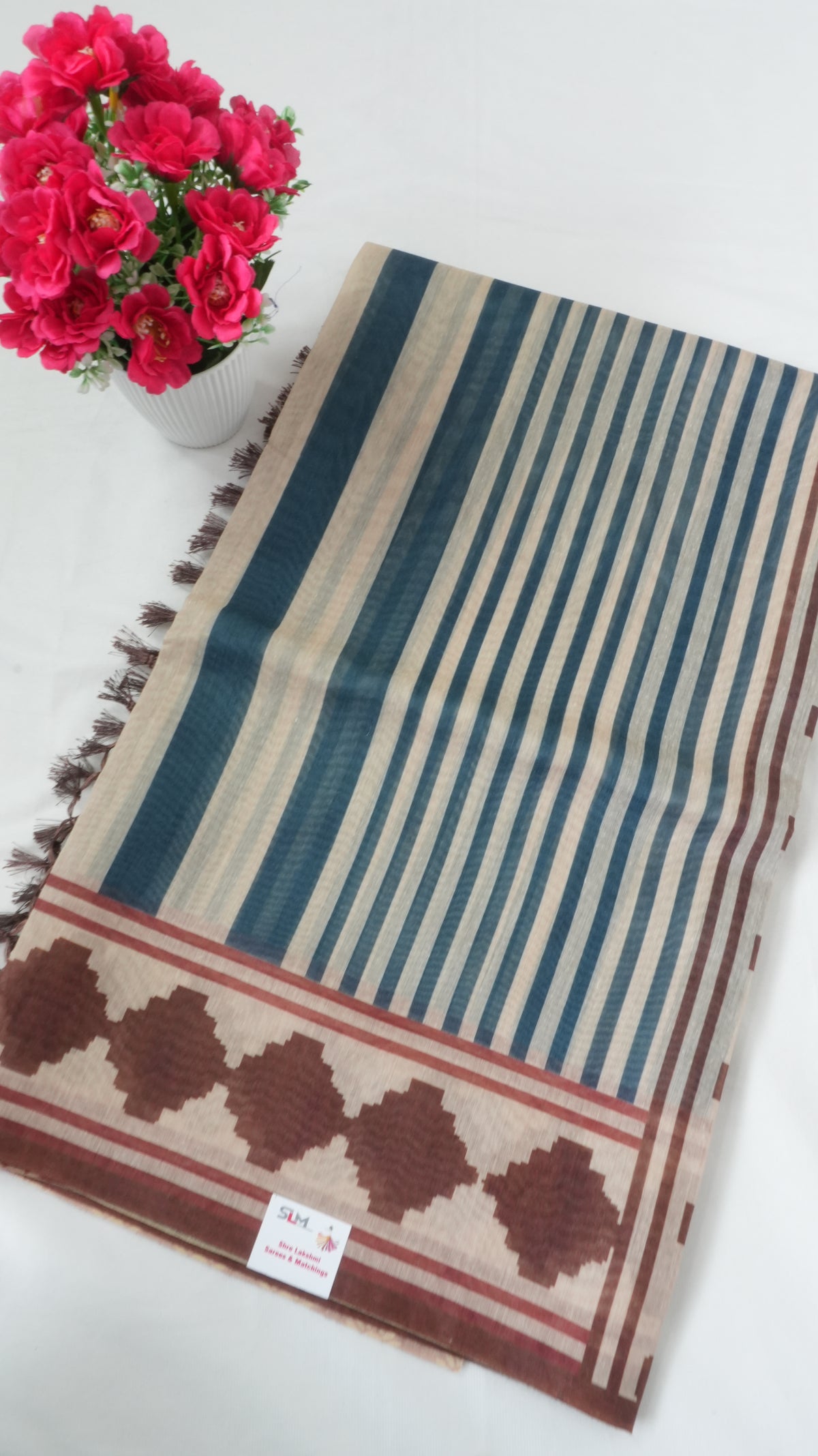 Chanderi Saree SLM-CHN-0034 - Teal and beige stripes with a brown patterned border - front view