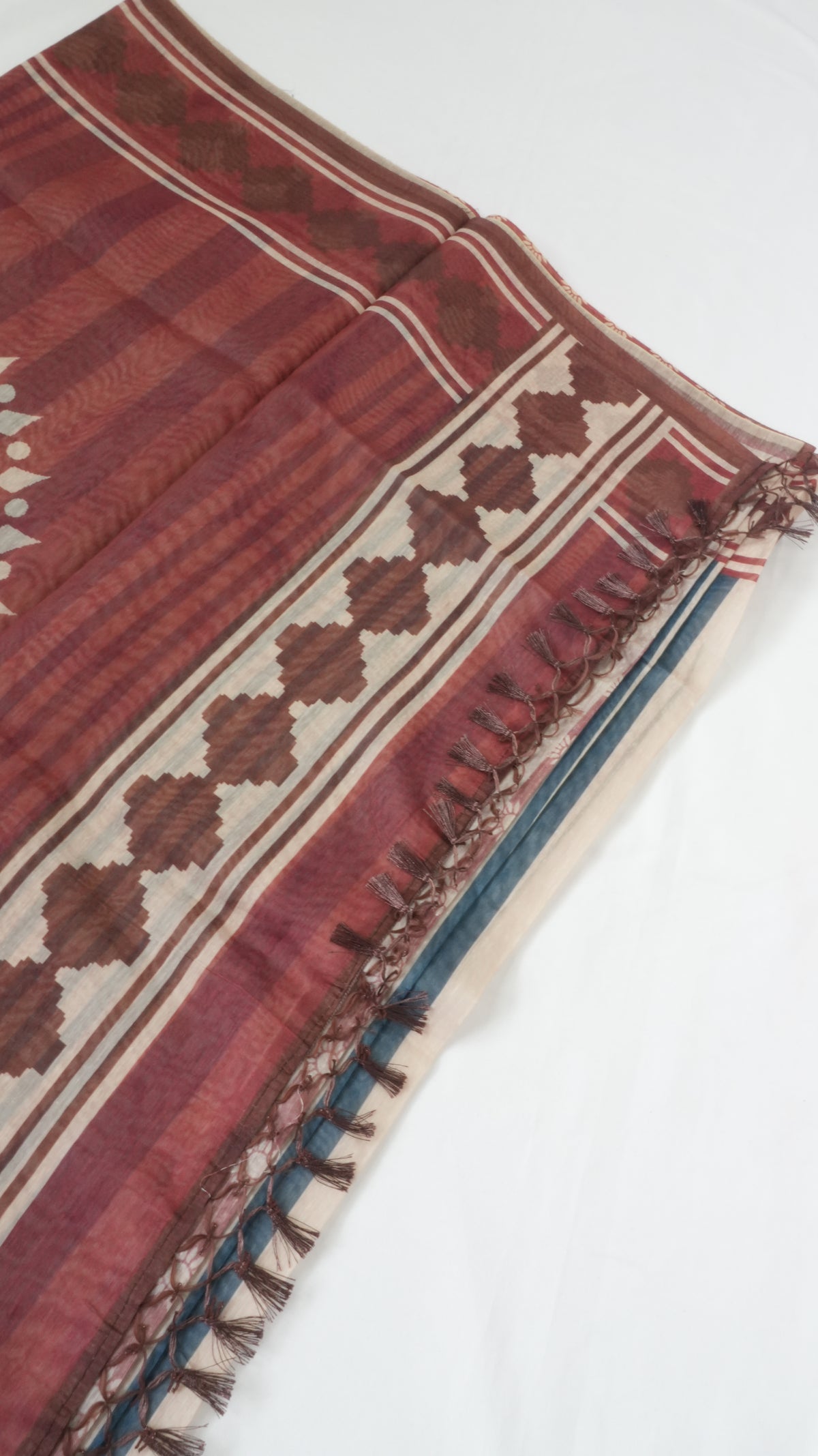Chanderi Saree SLM-CHN-0034 - Teal and beige stripes with a brown patterned border - second view