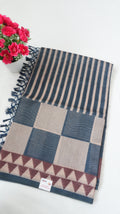 Chanderi Saree SLM-CHN-0035 - Navy and beige stripes and checks with a temple border - front view