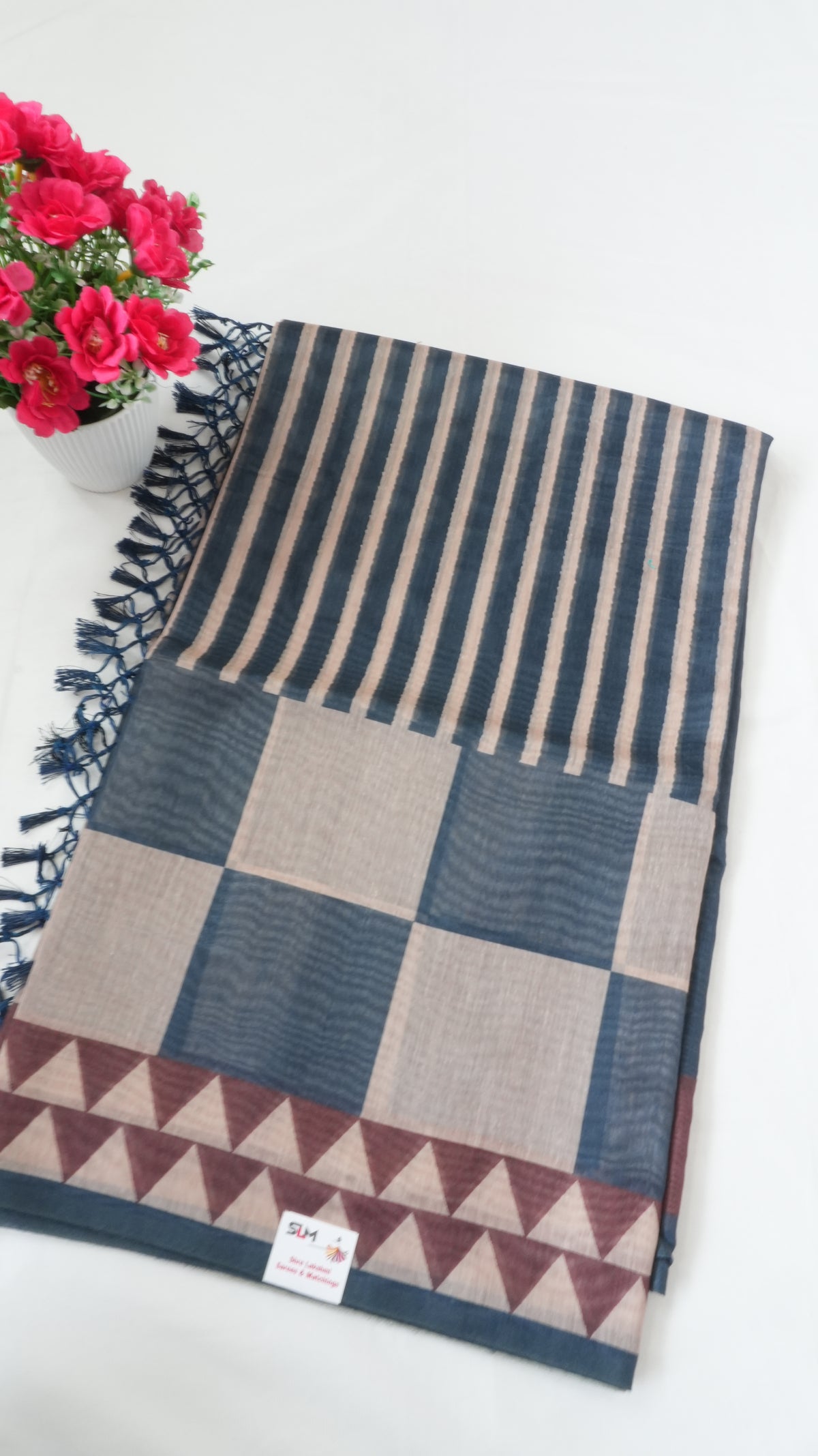 Chanderi Saree SLM-CHN-0035 - Navy and beige stripes and checks with a temple border - front view