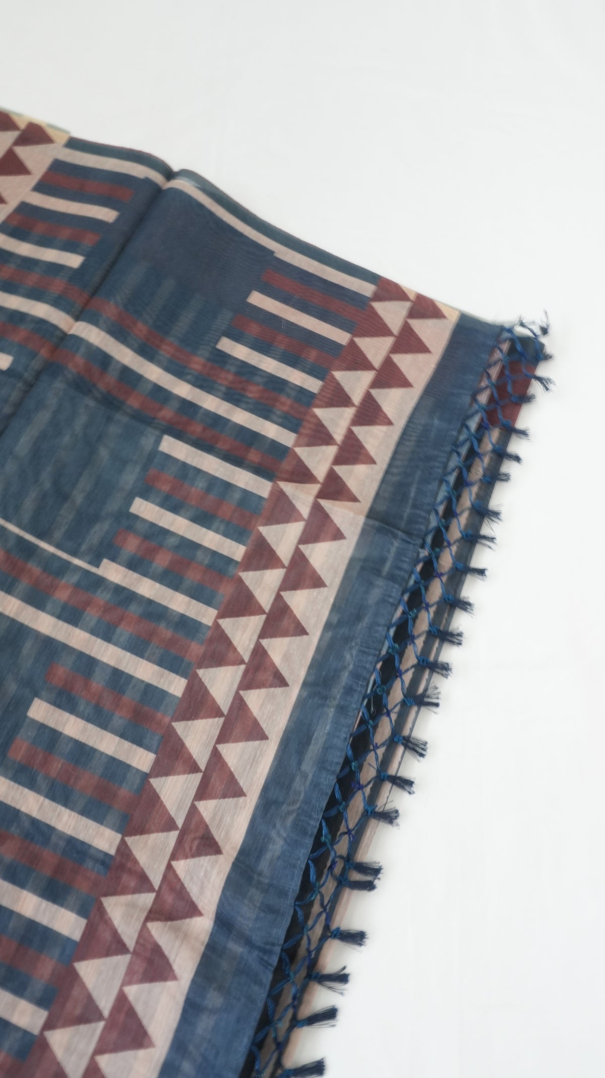 Chanderi Saree SLM-CHN-0035 - Navy and beige stripes and checks with a temple border - second view