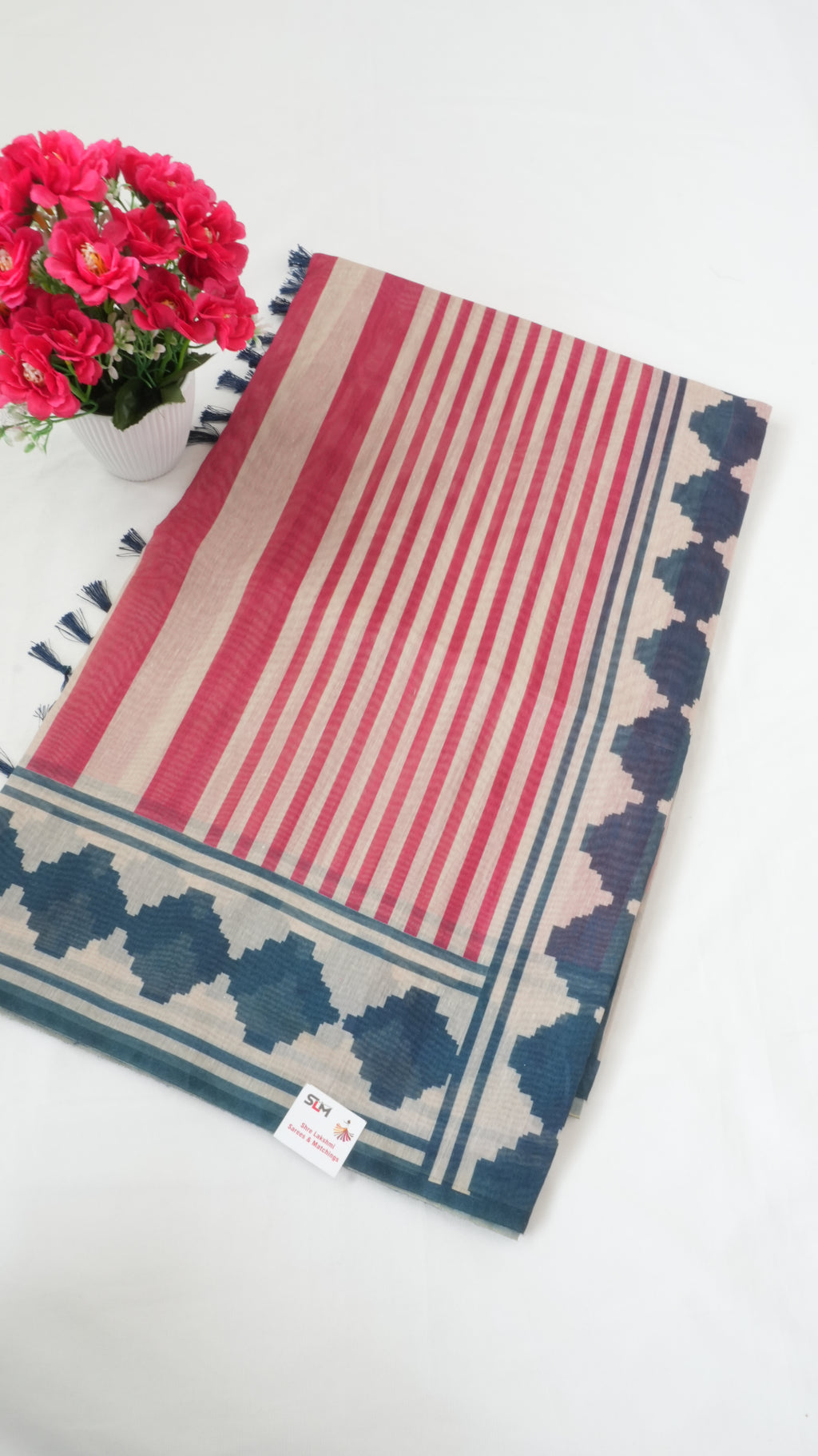 Chanderi Saree SLM-CHN-0036 - Pink and beige stripes with a blue patterned border - front view