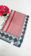 Chanderi Saree SLM-CHN-0036 - Pink and beige stripes with a blue patterned border - front view