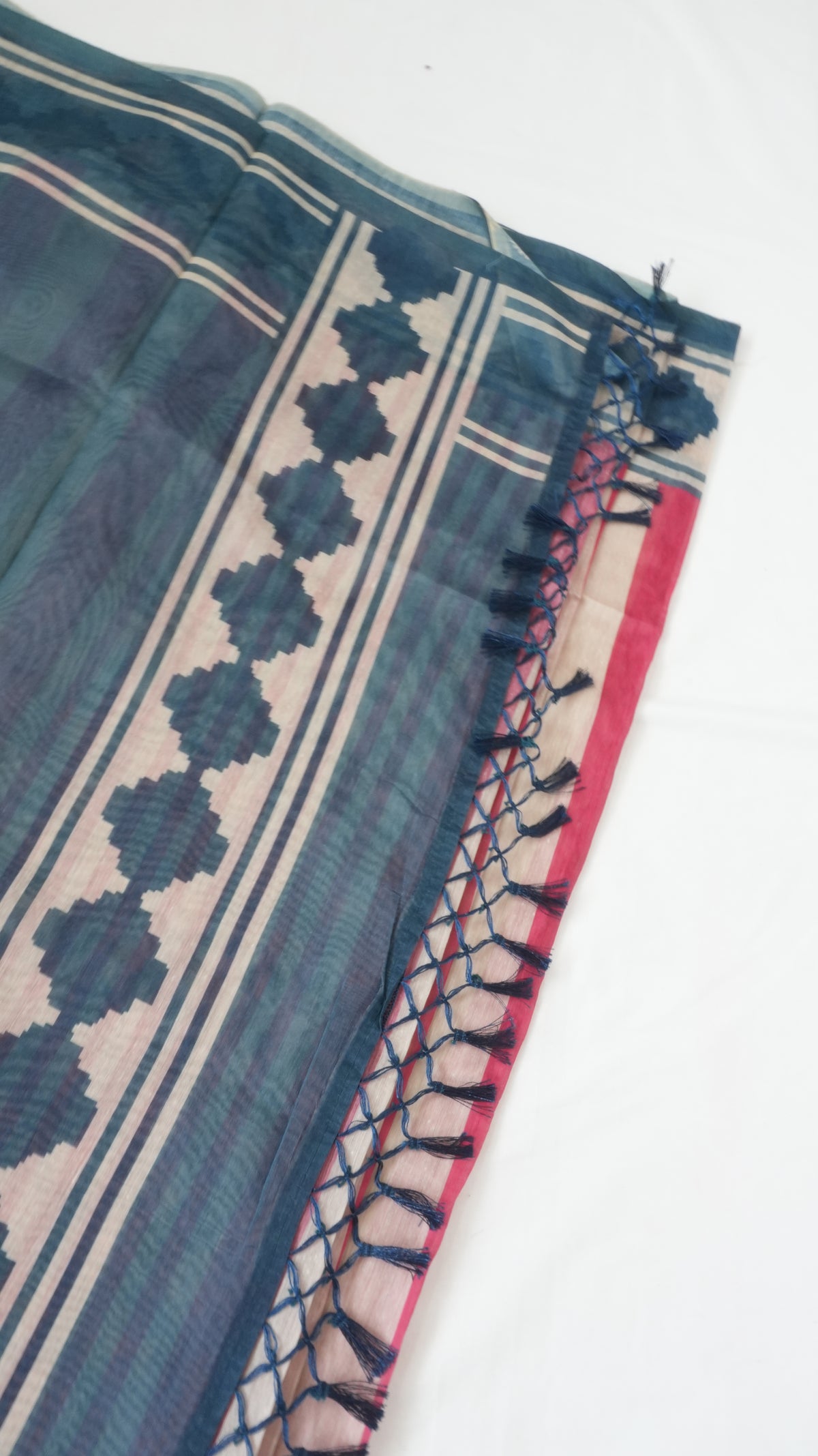 Chanderi Saree SLM-CHN-0036 - Pink and beige stripes with a blue patterned border - second view