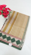 Chanderi Saree SLM-CHN-0037 - Mustard and beige stripes with a green patterned border - front view