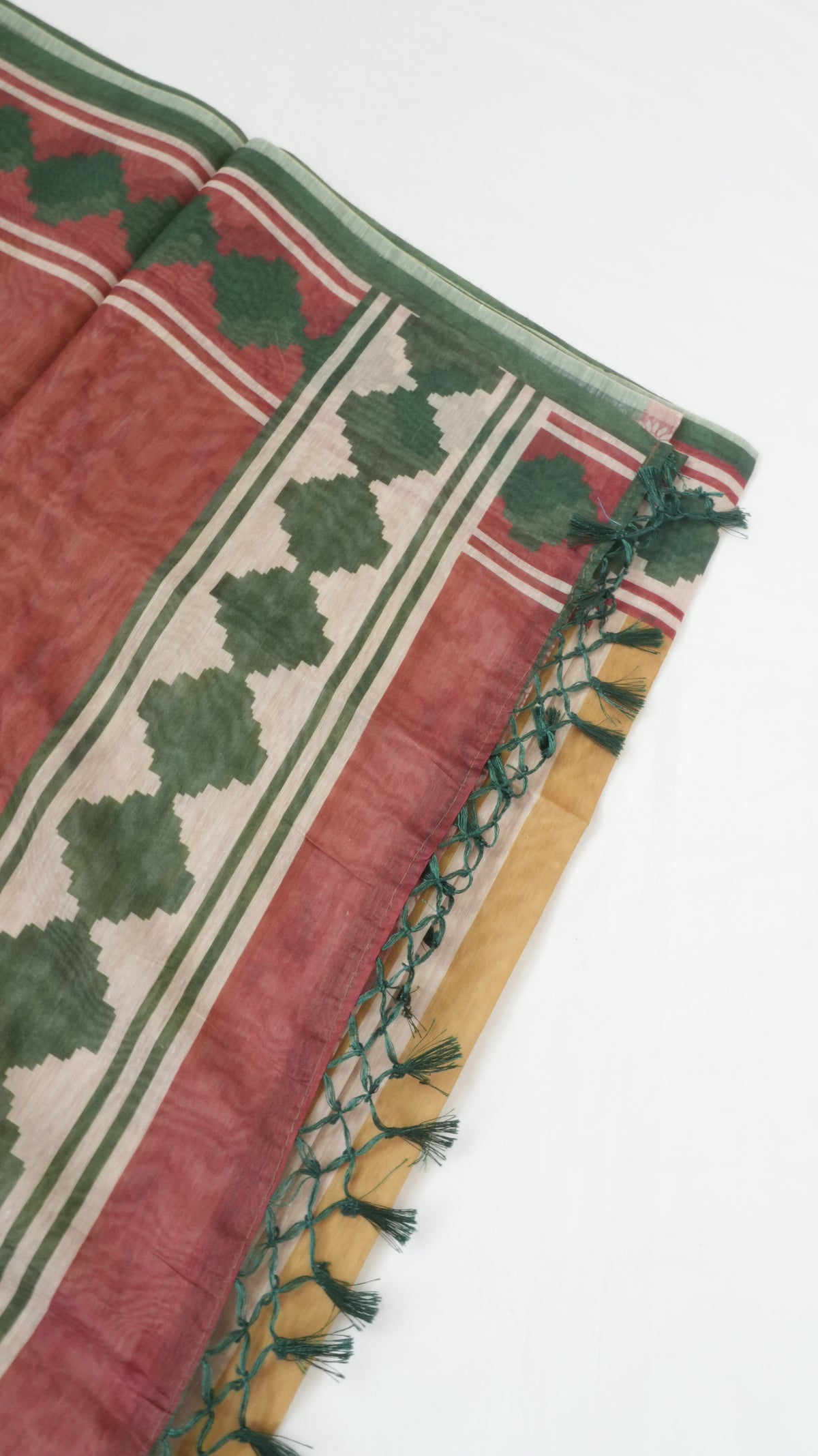 Chanderi Saree SLM-CHN-0037 - Mustard and beige stripes with a green patterned border - second view