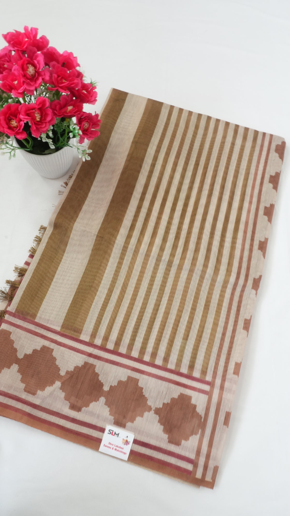 Chanderi Saree SLM-CHN-0038 - Brown and beige stripes with a brown patterned border - front view