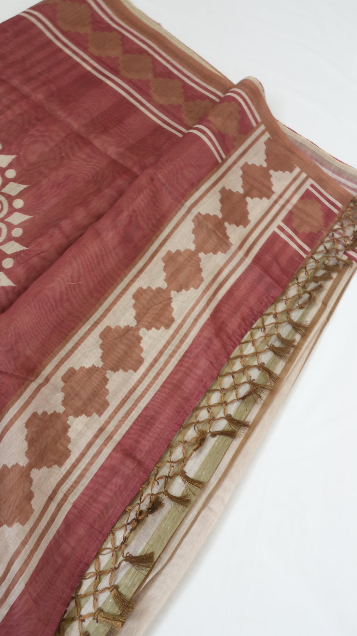 Chanderi Saree SLM-CHN-0038 - Brown and beige stripes with a brown patterned border - second view