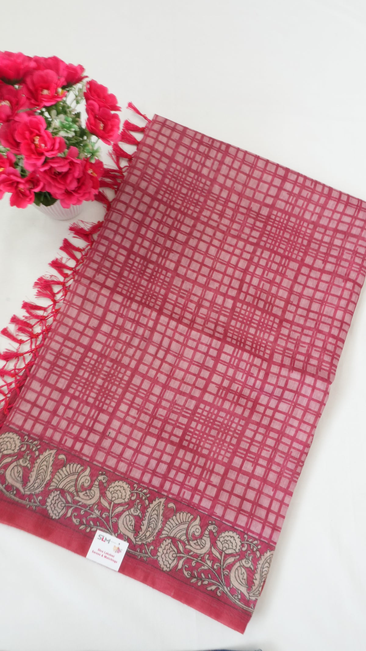 Chanderi Saree SLM-CHN-0039 - Pink checks with a paisley border - front view