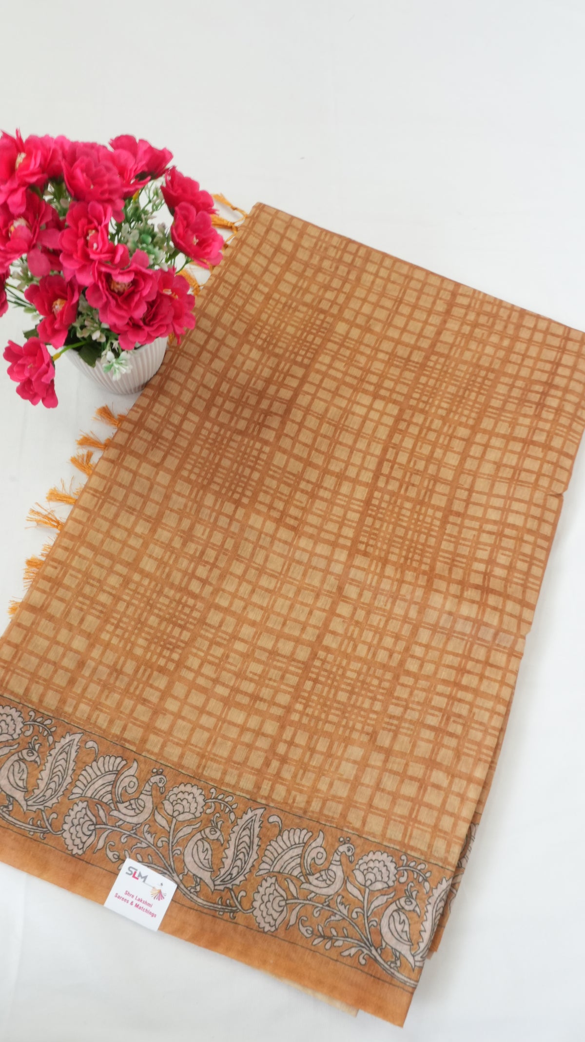 Chanderi Saree SLM-CHN-0040 - Mustard orange checks with a paisley border - front view