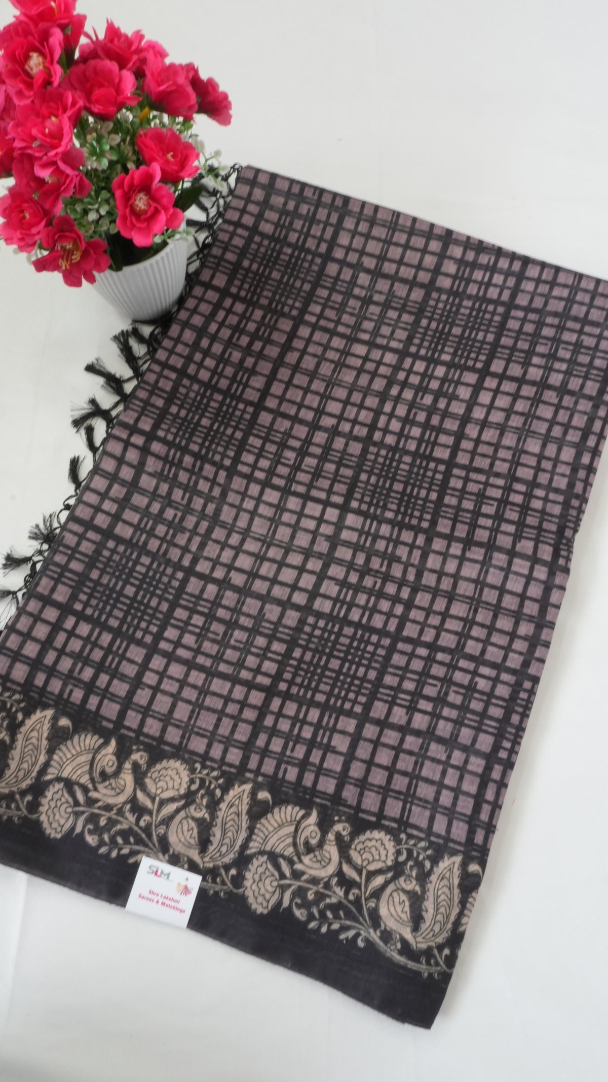 Chanderi Saree SLM-CHN-0042 - Black checks with a paisley border - front view