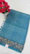 Chanderi Saree SLM-CHN-0043 - Peacock blue checks with a paisley border - front view