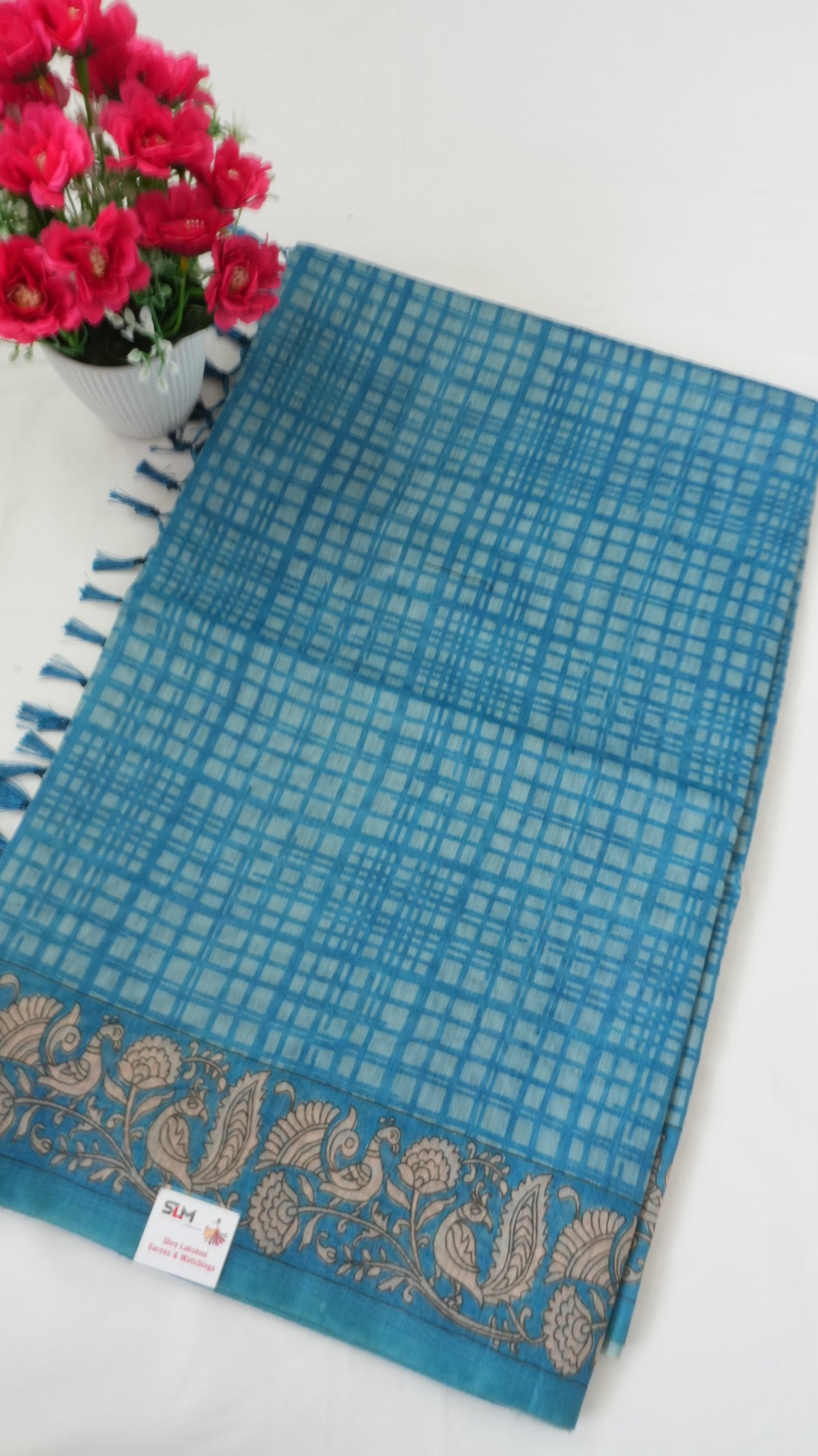 Chanderi Saree SLM-CHN-0043 - Peacock blue checks with a paisley border - front view