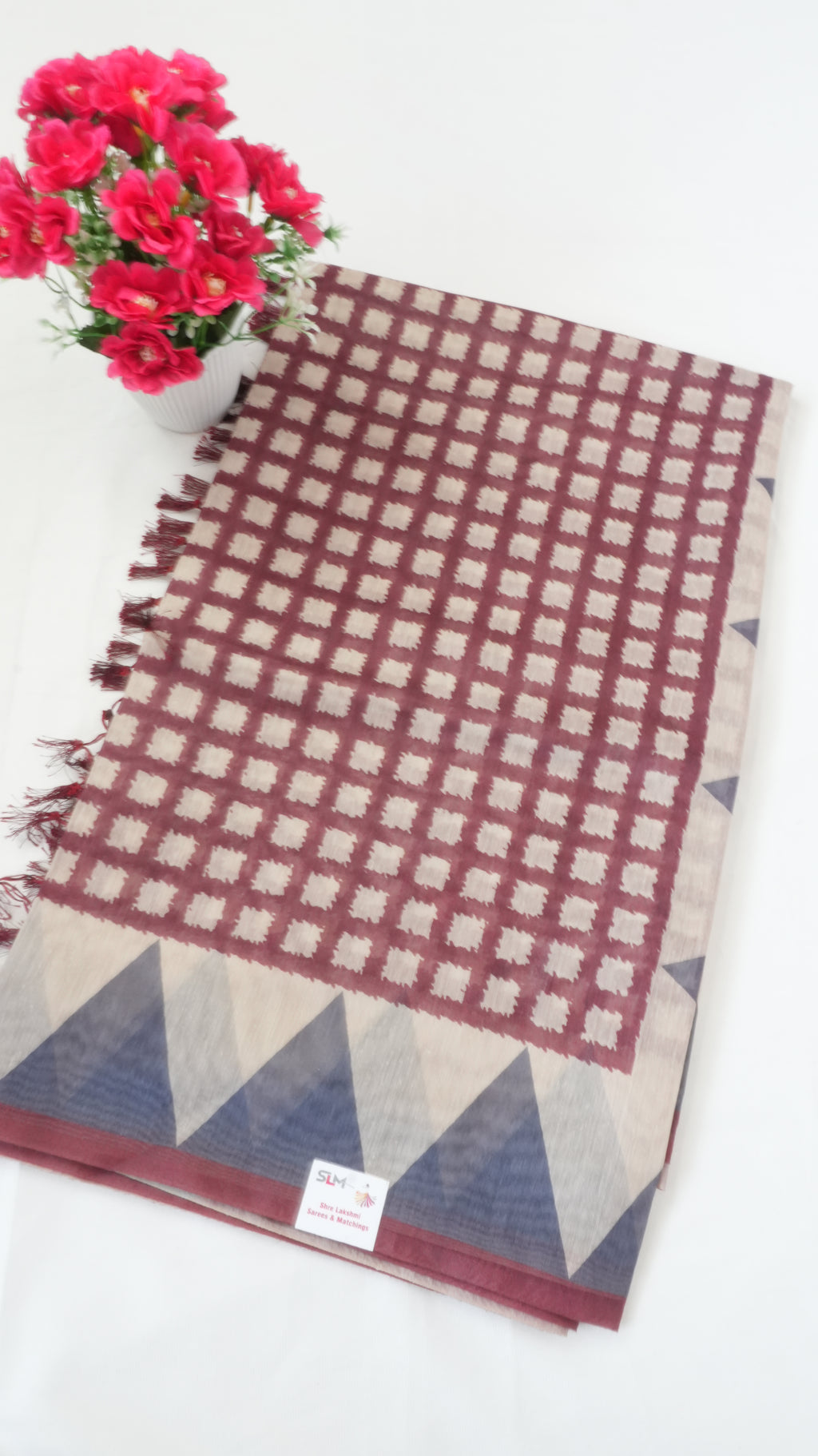Chanderi Saree SLM-CHN-0044 - Maroon and beige checks with a temple border - front view