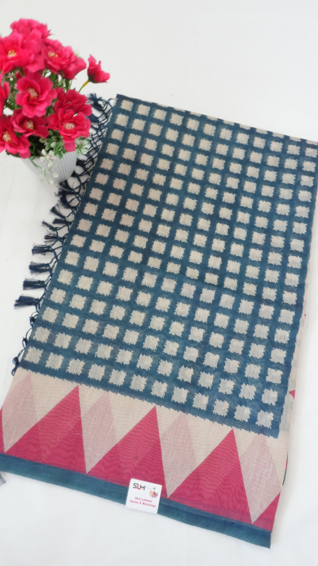Chanderi Saree SLM-CHN-0045 - Navy and beige checks with a pink temple border - front view