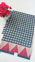 Chanderi Saree SLM-CHN-0045 - Navy and beige checks with a pink temple border - front view