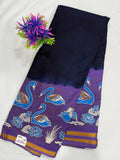 Cotton Saree SLM-CTN-0002 - Navy and purple with a swan print border