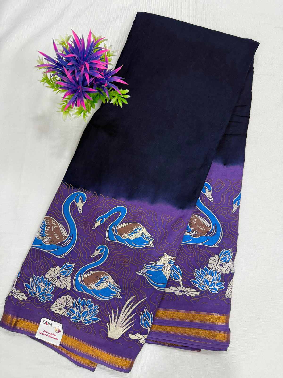 Cotton Saree SLM-CTN-0002 - Navy and purple with a swan print border