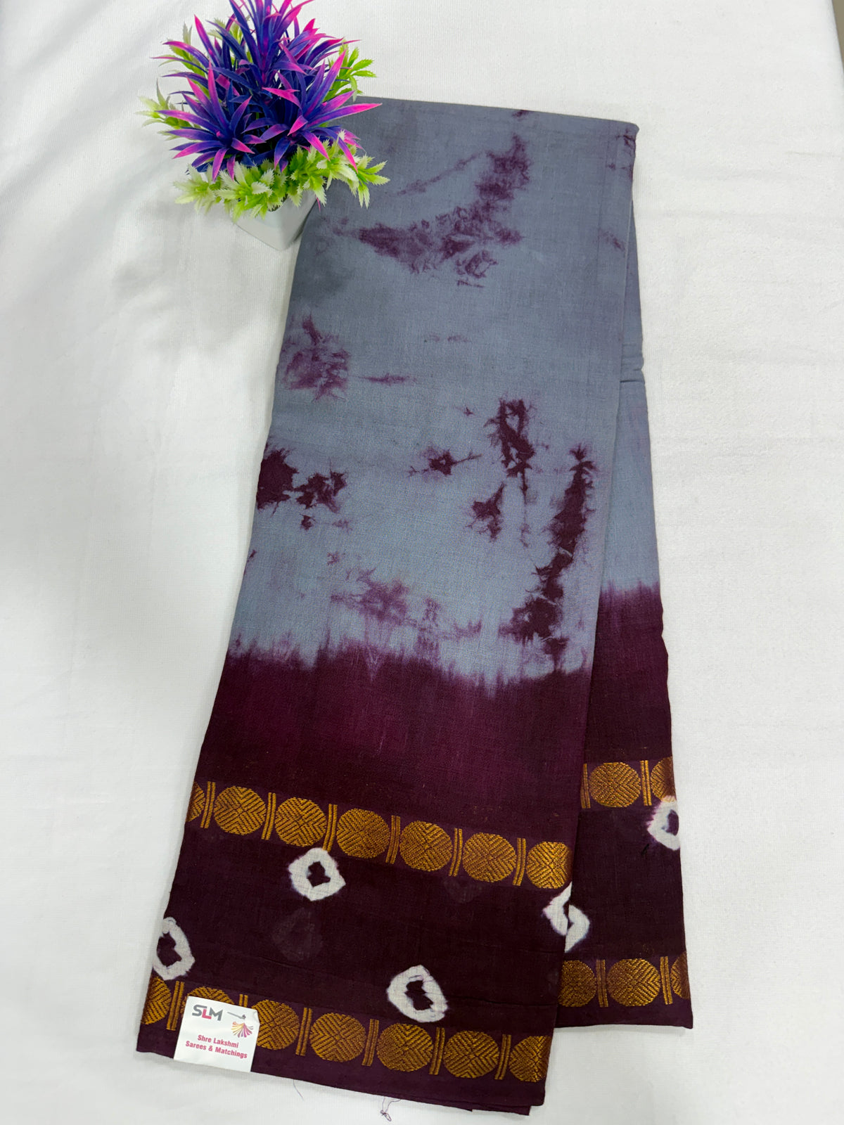 Cotton Saree SLM-CTN-0004 - Grey and maroon tie-dye with a gold border