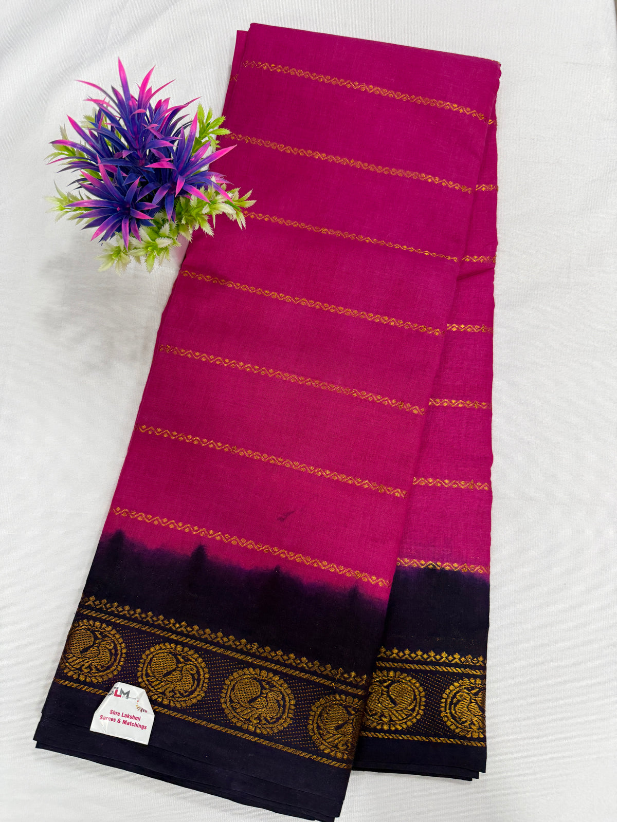 Cotton Saree SLM-CTN-0005 - Rani pink with a black and gold border
