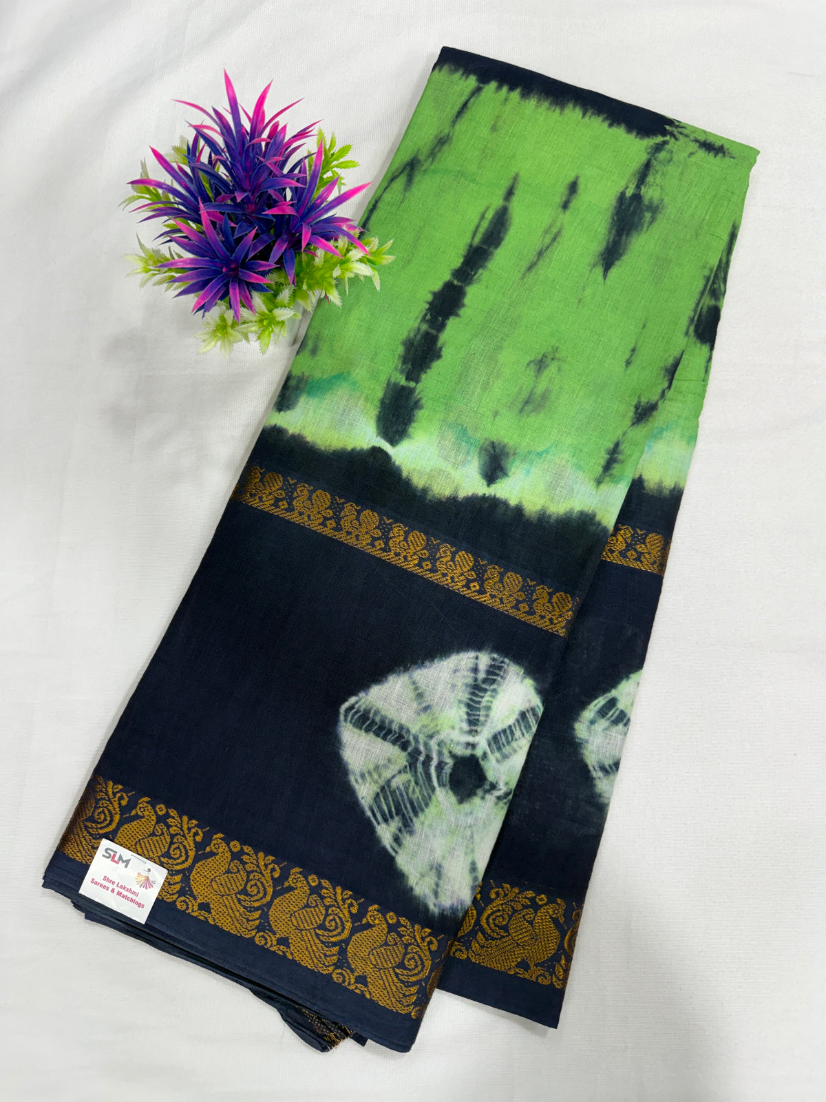 Cotton Saree SLM-CTN-0006 - Green and navy tie-dye with a gold border