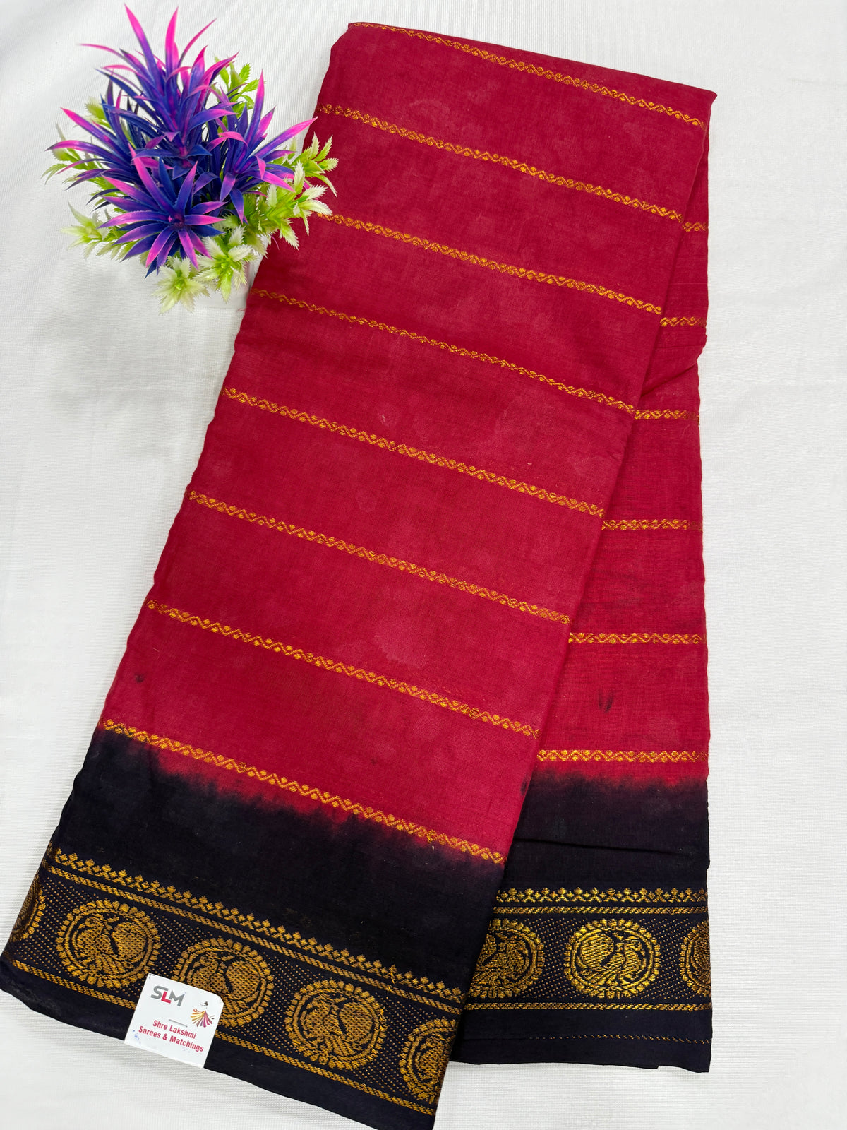 Cotton Saree SLM-CTN-0007 - Red with a black and gold border