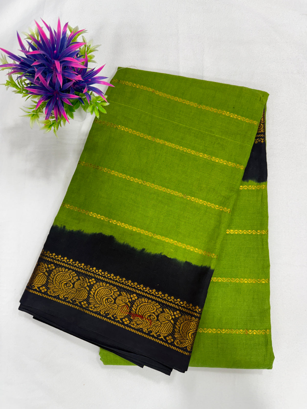 Cotton Saree SLM-CTN-0010 - Parrot green with a black and gold border