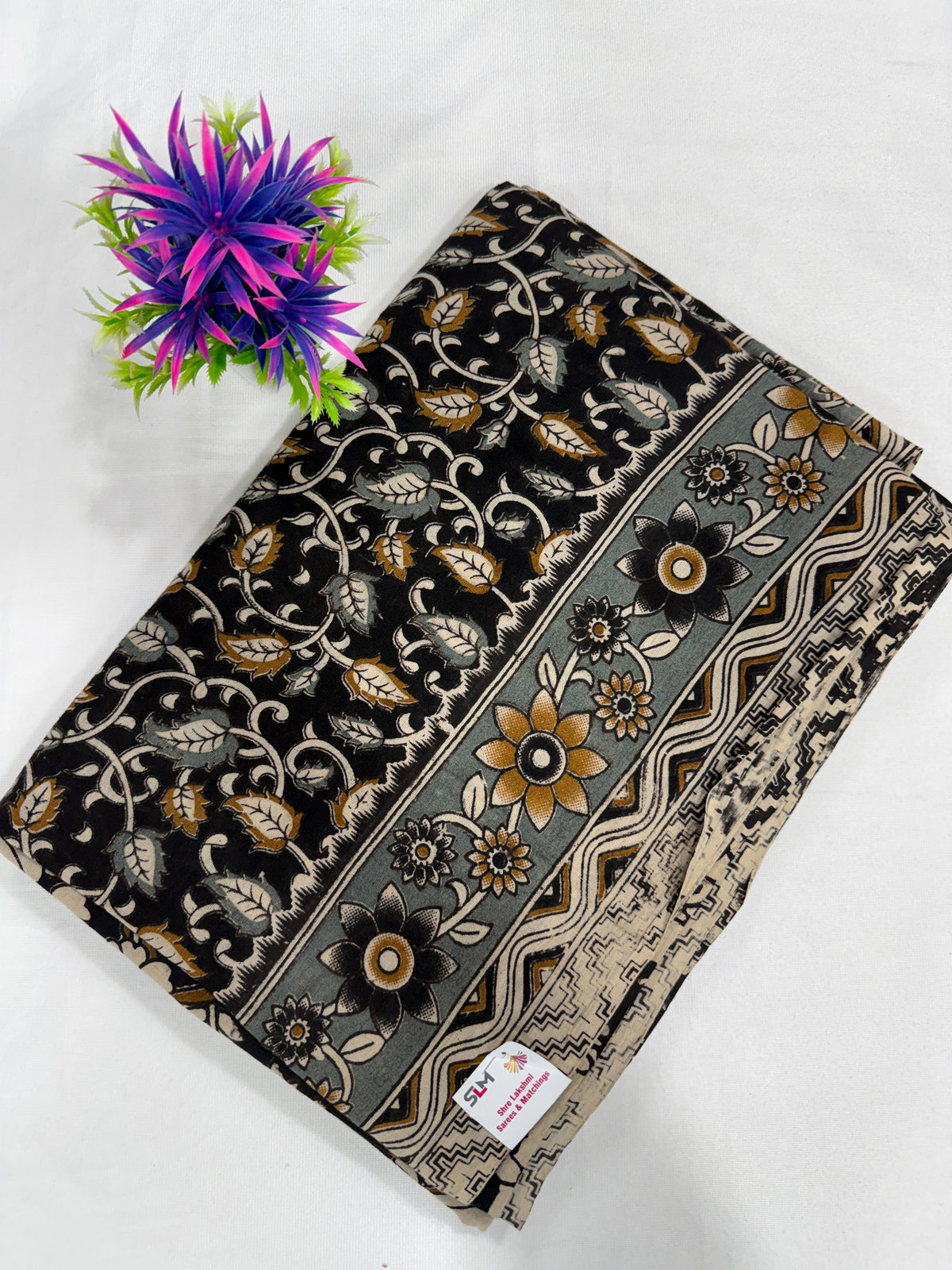 Cotton Saree SLM-CTN-0013 - Black and grey with a floral print