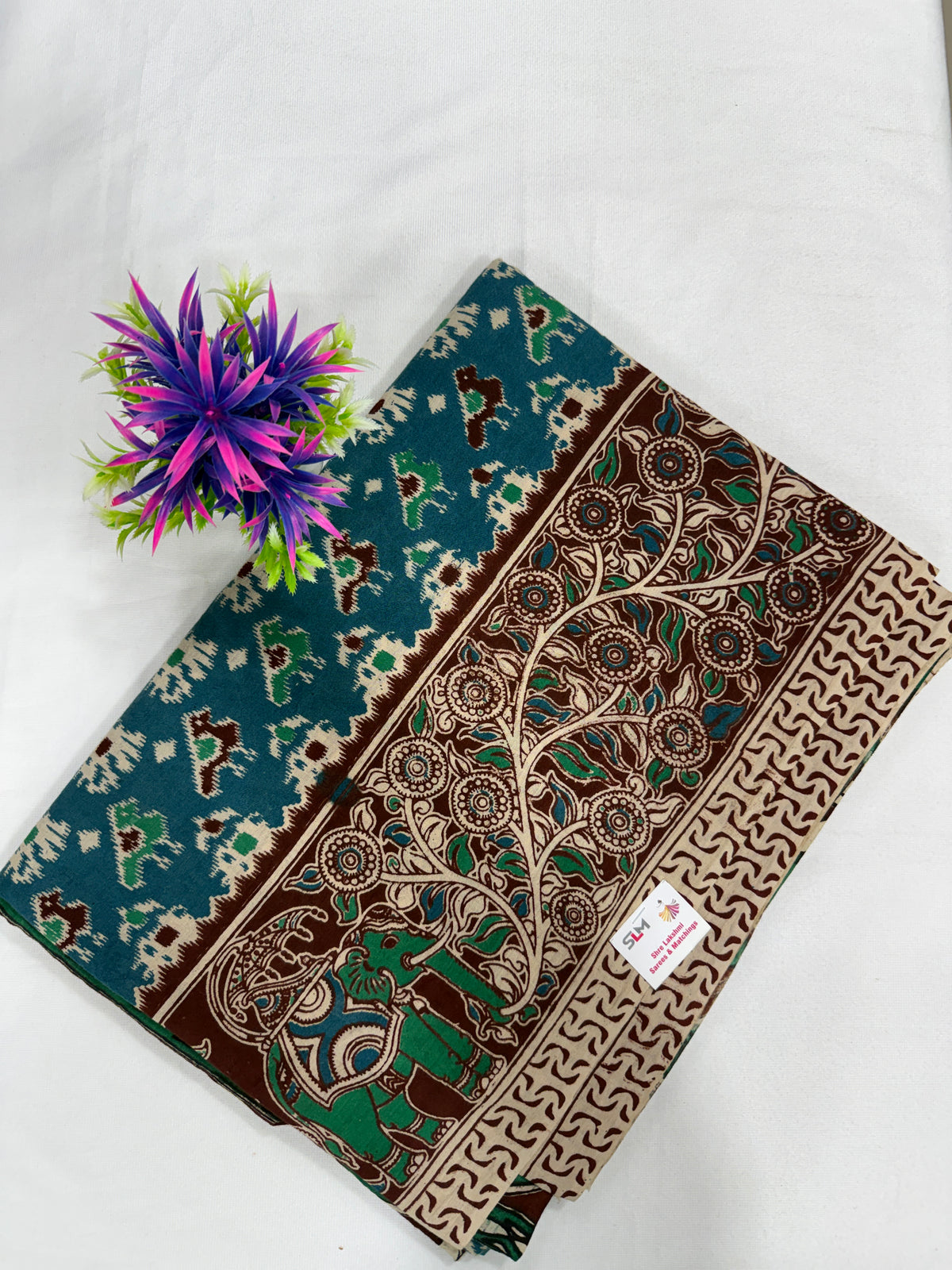 Cotton Saree SLM-CTN-0014 - Teal and beige with a figurative print